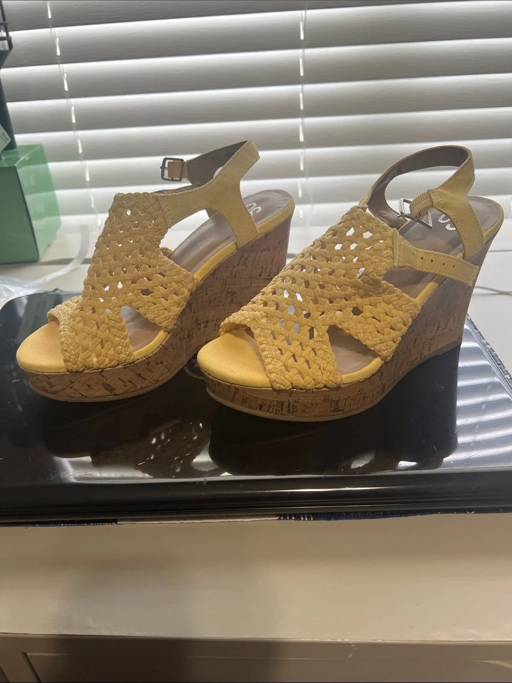 SO Mustard Yellow Woven Cork Wedge Sandals